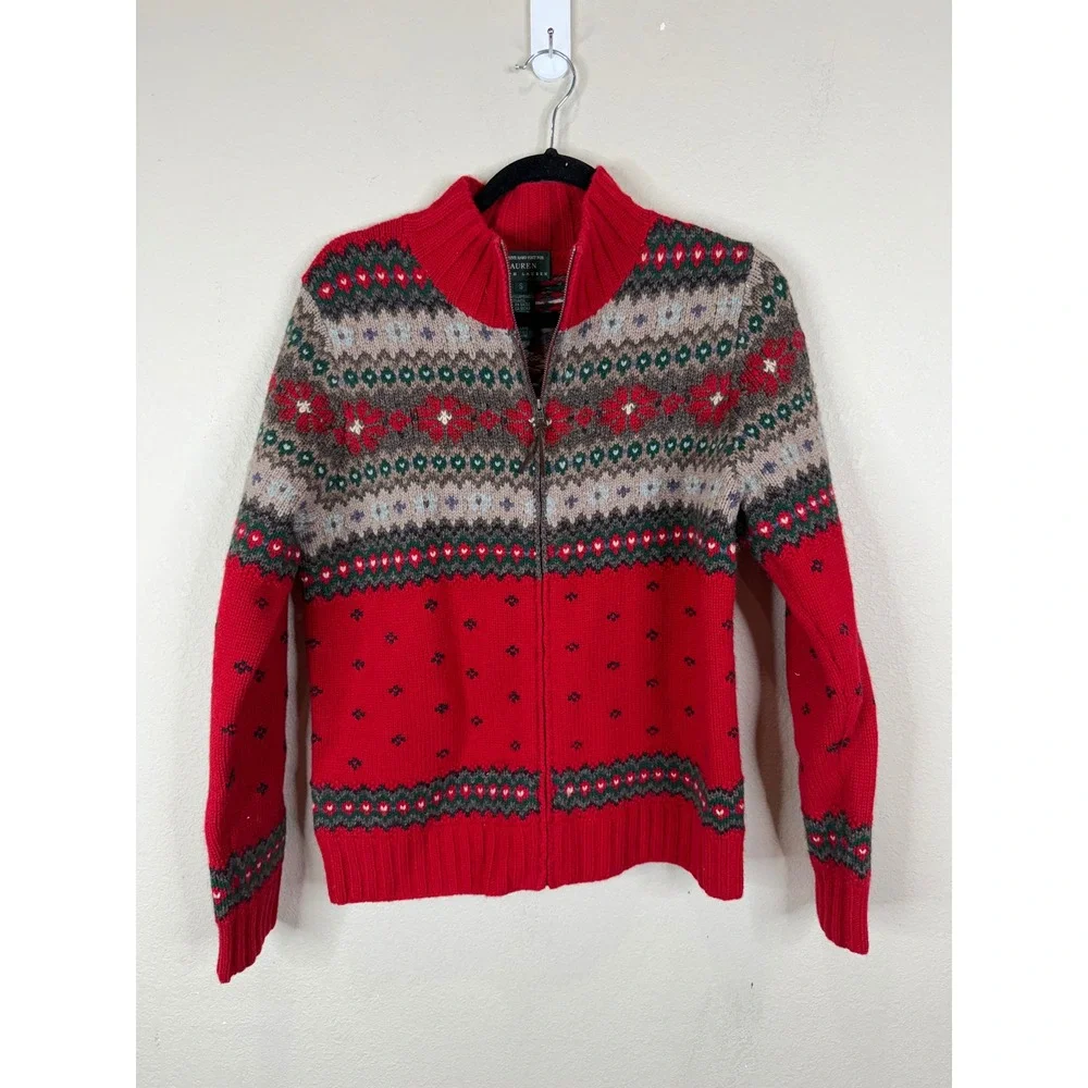 Lauren Ralph Lauren‎ Hand Knit Lambswool Fair Isle Full Zip Sweater Red Small